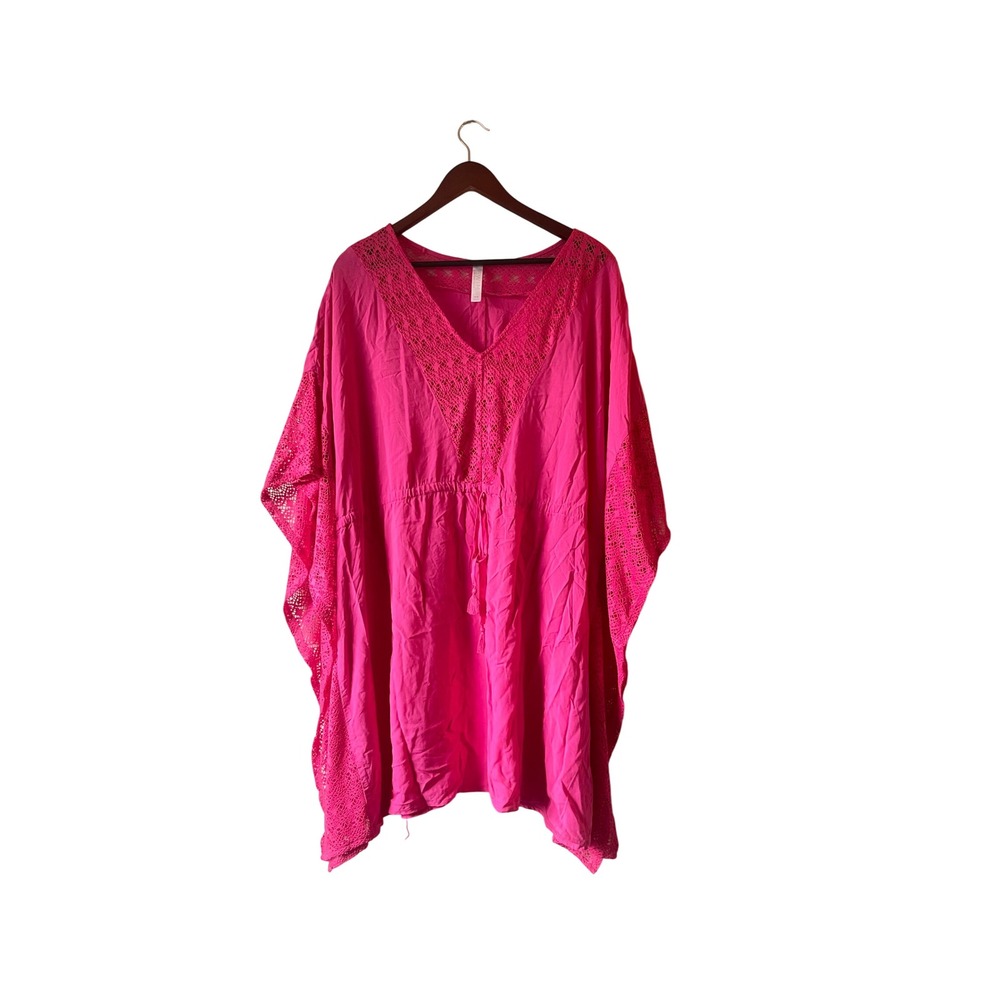 Cacique Swim Hot Pink Crochet Lace Kaftan Cover Up Dress 14/16 Plus Size